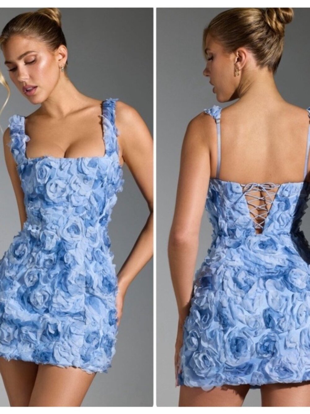 Oh Polly Mini Dress Size 8 Floral Appliqué Square Neck Corset Light Blue